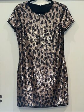 BCBGMaxAzria Gold and Black Sequin Leopard Silk Shift Dress  SZ Small